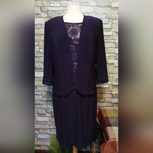 Maya Brooke 3/4 Sleeve Embroidered Jacket Dress Eggplant Size 14 Formal